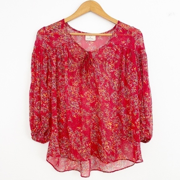 Anthropologie Tops - Anthropologie Pins & Needles Boho Red Floral Semi Sheer Long Sleeve Casual Top S